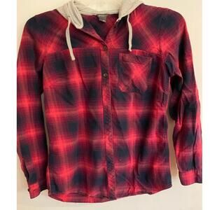 Eddie Bauer Red and Black Flannel Shirt with Hood Cozy Warm Outdoor Cottagecore